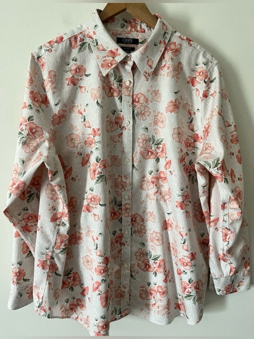 Chaps Beige Peach Coral Floral No Iron 100% Cotton Lightweight Office Travel 1X